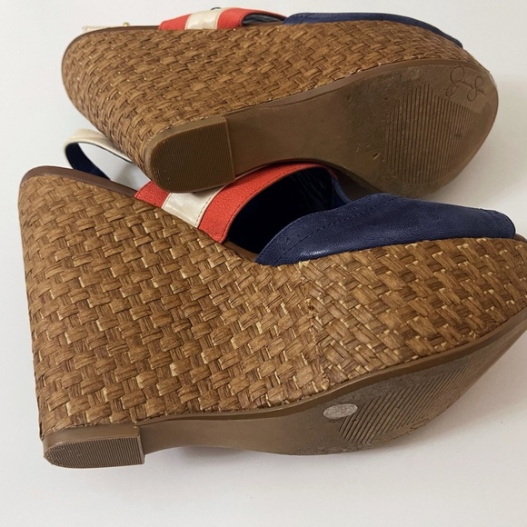 Y2K Jessica Simpson Leather Blue and Red Wedge Sandals Nautical Design Summer - Picture 11 of 14